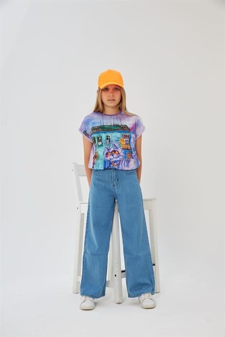 Kız Çocuk Desenli Oversize Tişört Geniş Paça Mavi Kot Pantolon 2'li Takım Mor 4 Yaş