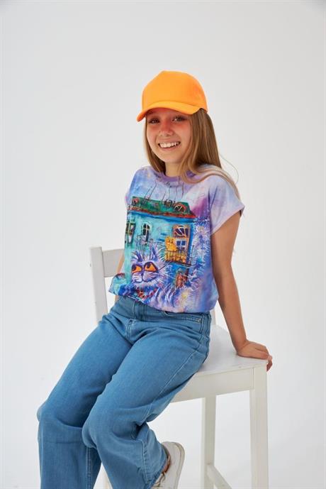 Kız Çocuk Desenli Oversize Tişört Geniş Paça Mavi Kot Pantolon 2'li Takım Mor 4 Yaş