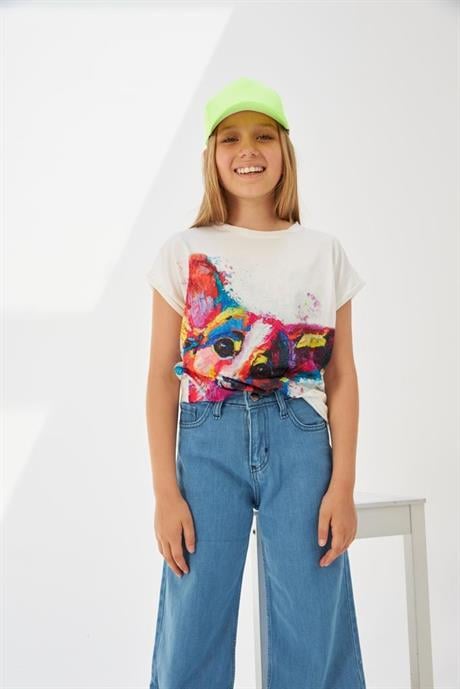 Kız Çocuk Desenli Oversize Tişört Geniş Paça Mavi Kot Pantolon 2'li Takım Beyaz 12 Yaş