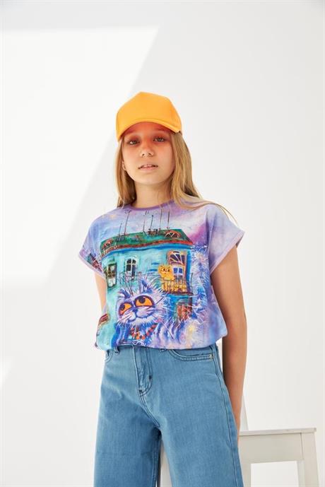 Kız Çocuk Desenli Oversize Tişört Geniş Paça Mavi Kot Pantolon Şapka 3'lü Takım Mor 6 Yaş