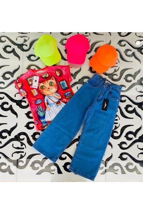 Kız Çocuk Desenli Oversize Tişört Geniş Paça Mavi Kot Pantolon 2'li Takım Pembe 4 Yaş