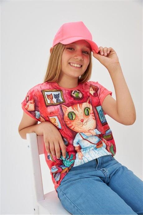 Kız Çocuk Desenli Oversize Tişört Geniş Paça Mavi Kot Pantolon 2'li Takım Pembe 14 Yaş