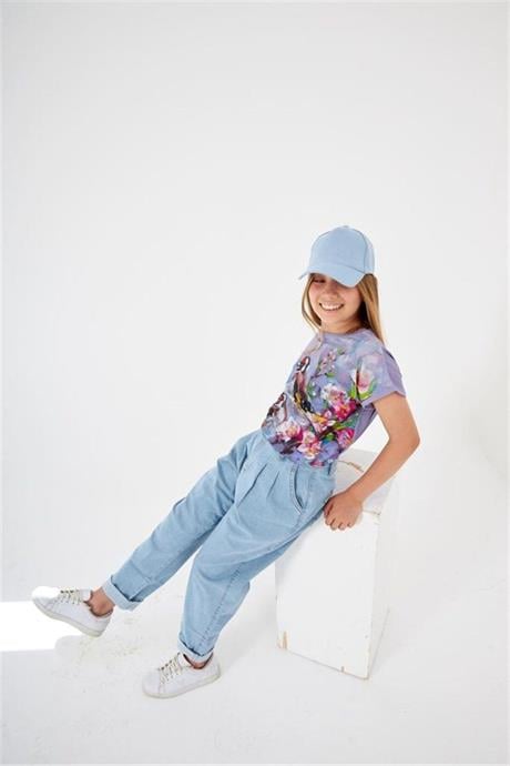 Kız Çocuk Desenli Oversize Tişört Mavi Kot Pantolon Şapka 3'lü Takım Mor 6 Yaş