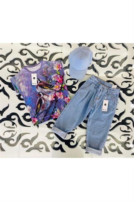 Kız Çocuk Desenli Oversize Tişört Mavi Kot Pantolon Şapka 3'lü Takım Mor 10 Yaş