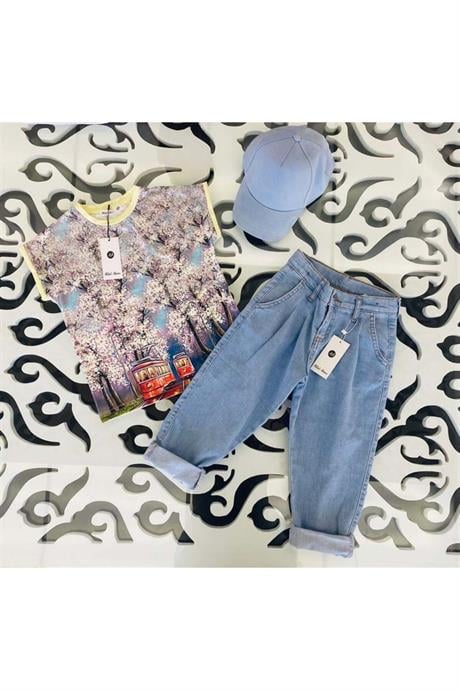 Kız Çocuk Desenli Oversize Tişört Mavi Kot Pantolon Şapka 3'lü Takım Beyaz 14 Yaş