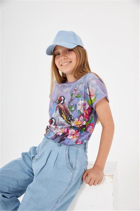 Kız Çocuk Desenli Oversize Tişört Mavi Kot Pantolon 2'li Takım Mor 6 Yaş