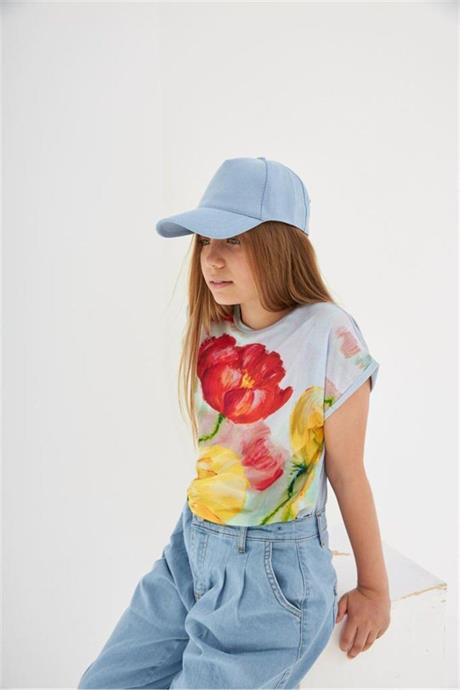 Kız Çocuk Desenli Oversize Tişört Mavi Kot Pantolon 2'li Takım