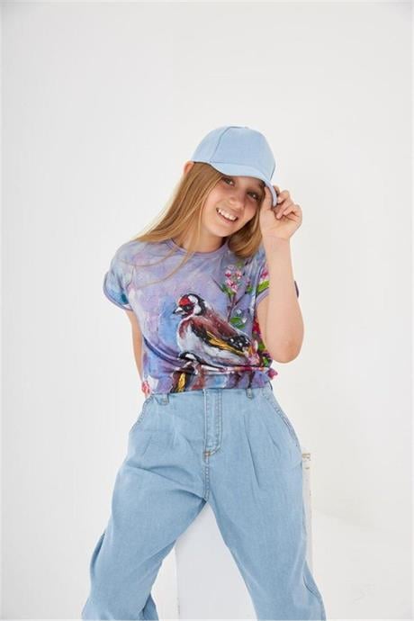 Kız Çocuk Desenli Oversize Tişört Mavi Kot Pantolon Şapka 3'lü Takım Mor 10 Yaş