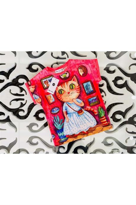 Kız Çocuk Desenli Oversize Tişört Pembe 10 Yaş