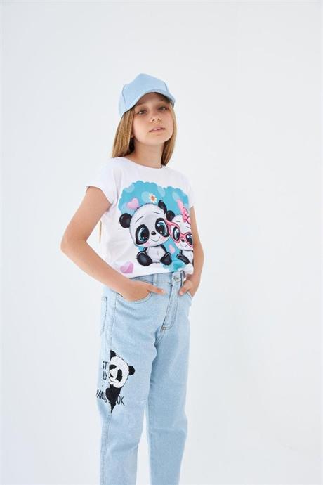 Kız Çocuk Desenli Tişört Panda Baskılı Kot Pantolon 2'liTakım Mavi 8 Yaş