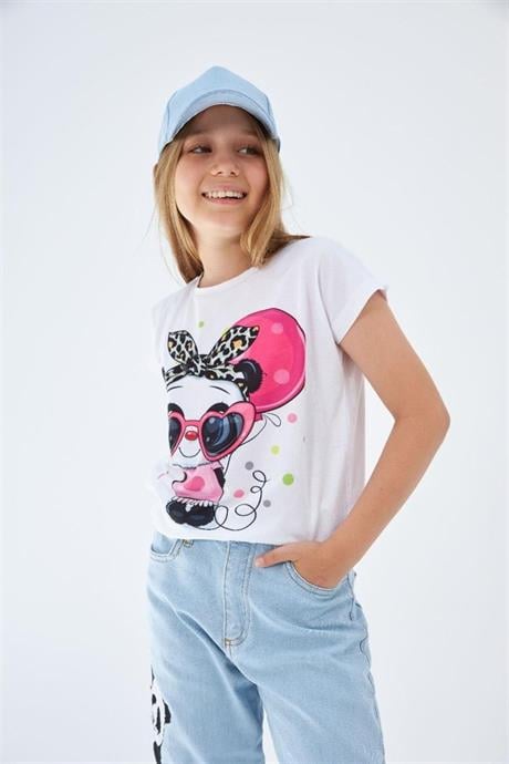 Kız Çocuk Desenli Tişört Panda Baskılı Kot Pantolon Mavi Şapka 3'lü Takım Fuşya 12 Yaş