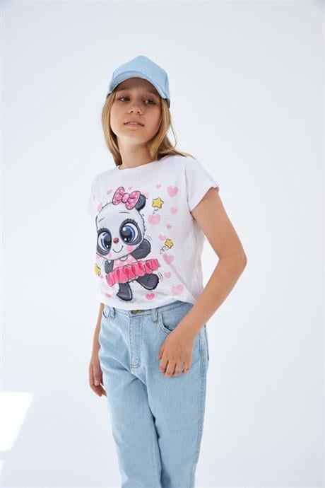 Kız Çocuk Desenli Tişört Panda Baskılı Kot Pantolon Mavi Şapka 3'lü Takım Pembe 14 Yaş