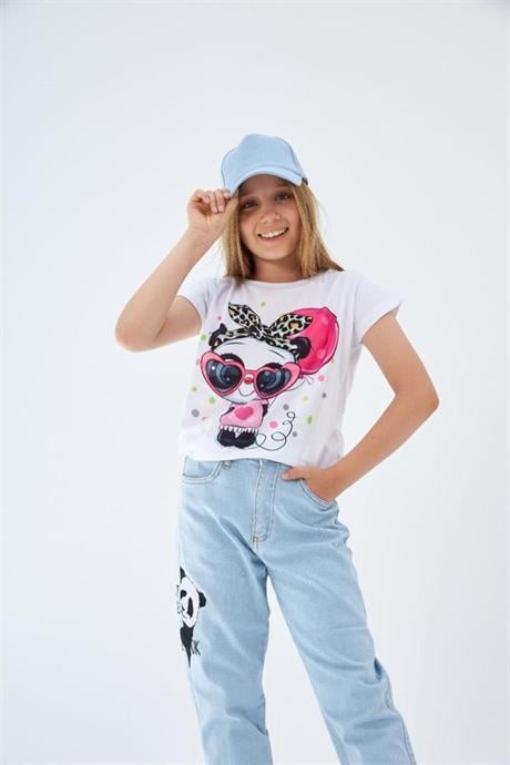 Kız Çocuk Desenli Tişört Panda Baskılı Kot Pantolon Mavi Şapka 3'lü Takım Fuşya 4 Yaş