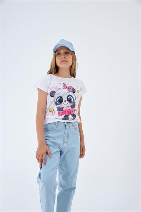 Kız Çocuk Desenli Tişört Panda Baskılı Kot Pantolon Mavi Şapka 3'lü Takım Pembe 6 Yaş