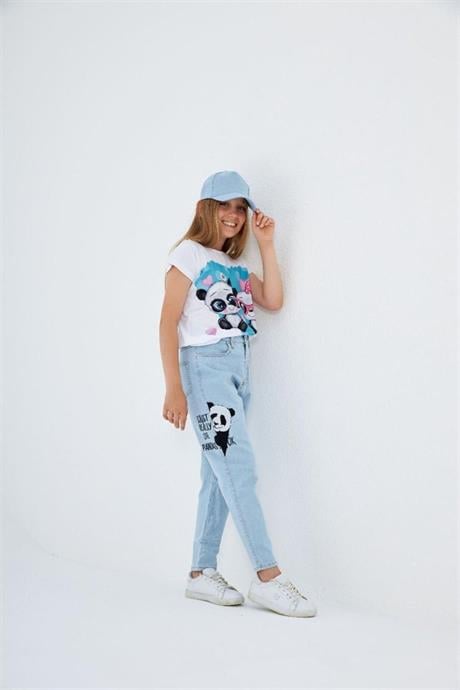 Kız Çocuk Desenli Tişört Panda Baskılı Kot Pantolon Mavi Şapka 3'lü Takım Mavi 6 Yaş