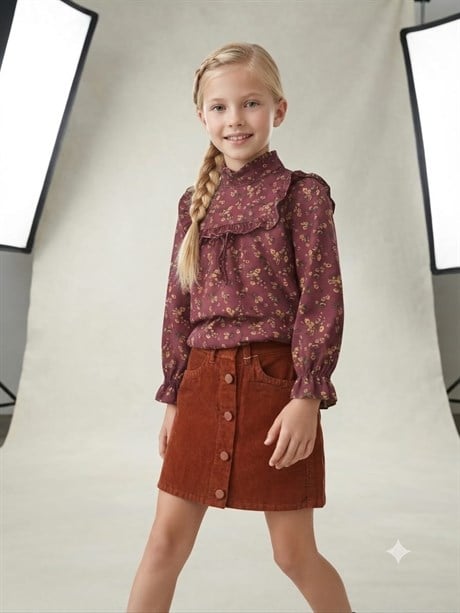 Girls’ Mock-Neck Floral-Print Blouse and Button-Front Velvet Skirt 2-Piece Set