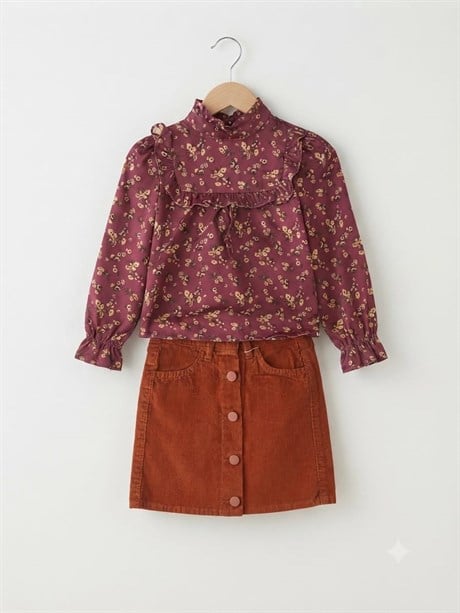 Girls’ Mock-Neck Floral-Print Blouse and Button-Front Velvet Skirt 2-Piece Set