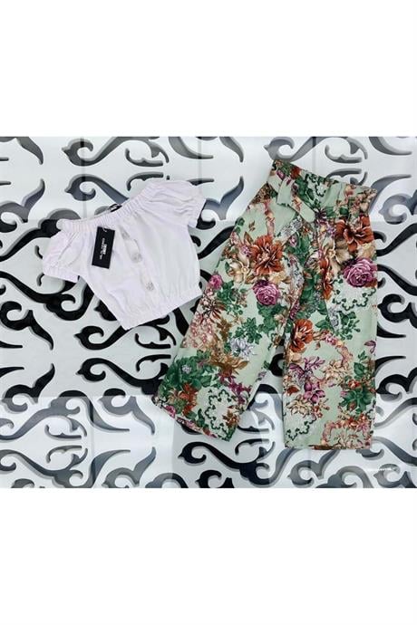 Kız Çocuk Düğmeli Detaylı Beyaz Bluz Çiçek Desenli Geniş Paça Pantolon 2'li Takım Yeşil 10 Yaş