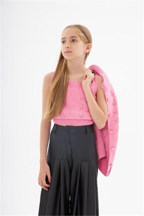 Kız Çocuk Düğmeli Hırka Triko Crop Deri Geniş Paça Pantolon 3'lü Takım Pembe 14 Yaş