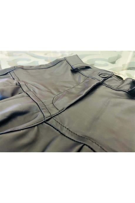 Kız Çocuk Düğmeli Hırka Triko Crop Deri Geniş Paça Pantolon 3'lü Takım Krem 14 Yaş