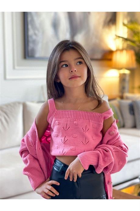 Kız Çocuk Düğmeli Hırka Triko Crop Deri Geniş Paça Pantolon 3'lü Takım Pembe 14 Yaş
