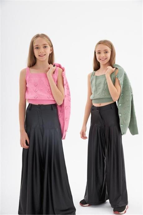 Kız Çocuk Düğmeli Hırka Triko Crop Deri Geniş Paça Pantolon 3'lü Takım Yeşil 8 Yaş