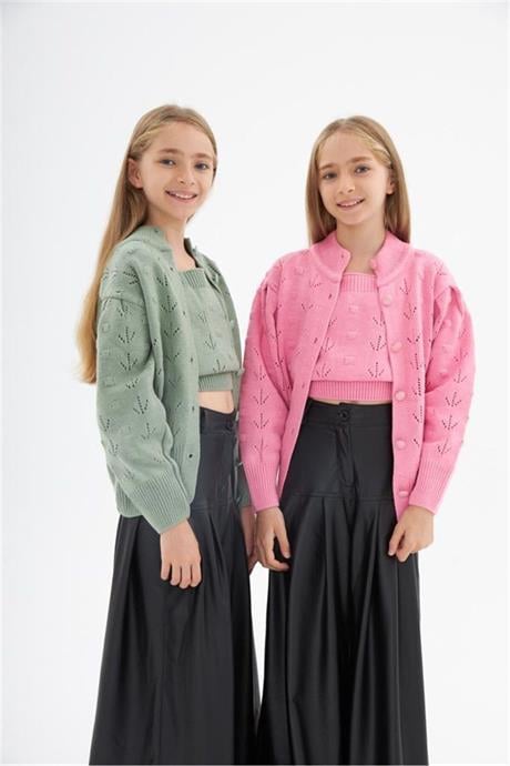 Kız Çocuk Düğmeli Hırka Triko Crop Deri Geniş Paça Pantolon 3'lü Takım Pembe 4 Yaş