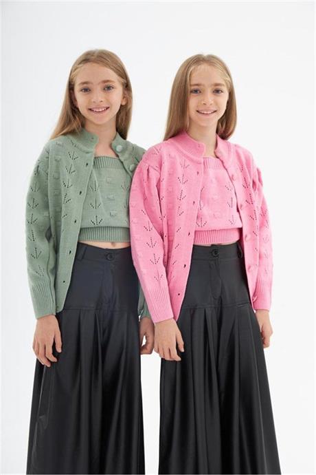 Kız Çocuk Düğmeli Hırka Triko Crop Deri Geniş Paça Pantolon 3'lü Takım Pembe 6 Yaş