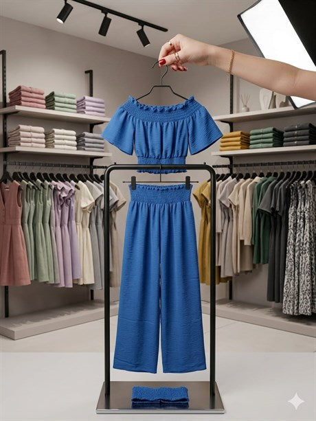 Kız Çocuk Düşük Omuz Beli ve Kolları Lastikli Bluz ve Pantalon 2`li Takım