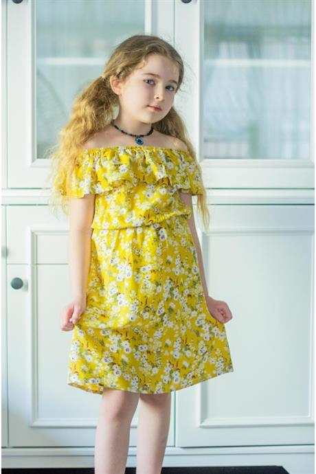 Kız Çocuk Düşük Omuz Çiçekli Büzgülü Elbise SARI 10 Yaş