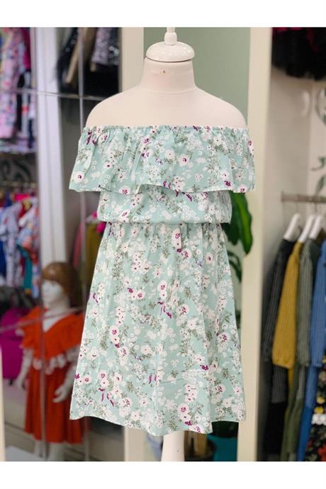 Kız Çocuk Düşük Omuz Çiçekli Büzgülü Elbise MİNT 6 Yaş