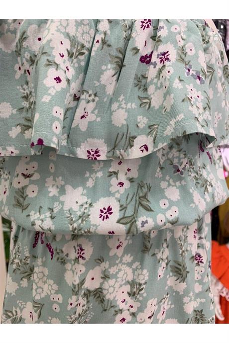 Kız Çocuk Düşük Omuz Çiçekli Büzgülü Elbise MİNT 4 Yaş