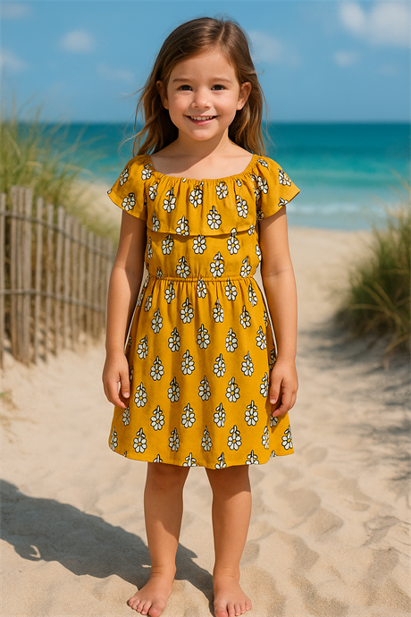 Kız Çocuk Düşük Omuz Çiçekli Büzgülü Elbise HARDAL 8 Yaş