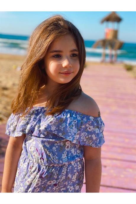 Kız Çocuk Düşük Omuz Çiçekli Büzgülü Elbise LİLA 6 Yaş