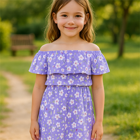 Kız Çocuk Düşük Omuz Çiçekli Büzgülü Elbise LİLA 10 Yaş