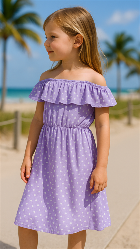 Kız Çocuk Düşük Omuz Çiçekli Büzgülü Elbise Açık Mor 14 Yaş