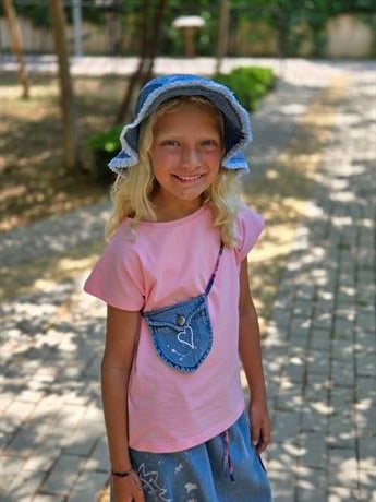 Kız Çocuk Düz Renk Tişört Desenli Cepli Kot Şalvar Çanta Şapka 4'lü Takım Pembe 12 Yaş