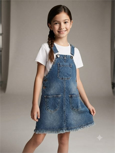 Kız Çocuk Eteği Saçaklı Denim Salopet Elbise
