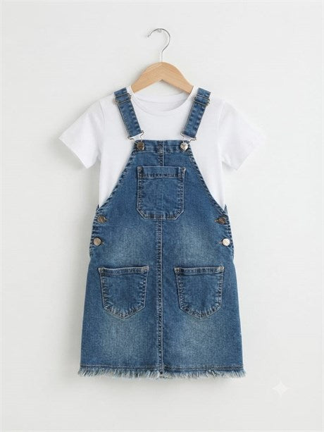 Kız Çocuk Eteği Saçaklı Denim Salopet Elbise