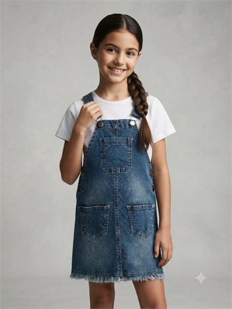 Kız Çocuk Eteği Saçaklı Denim Salopet Elbise