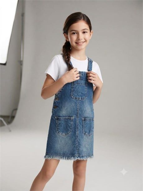 Kız Çocuk Eteği Saçaklı Denim Salopet Elbise