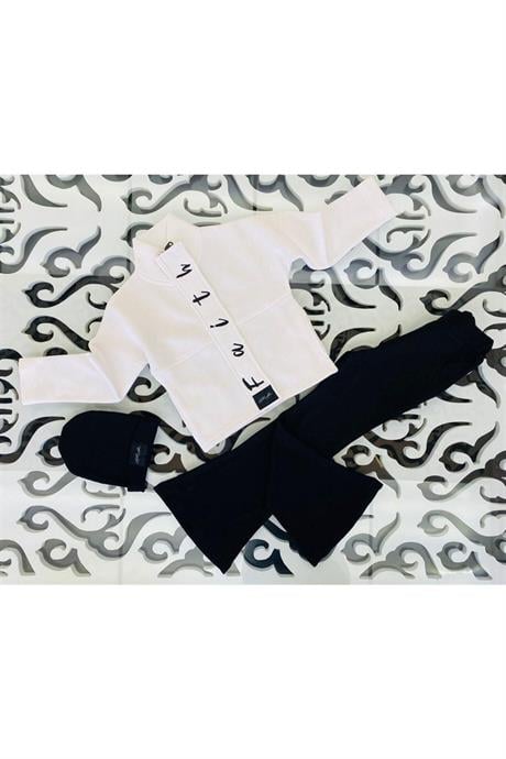 Kız Çocuk Faith Yazılı Üç Iplik Ceket Çelik Interlok Siyah Ispanyol Paça Pantolon Bere 3'lü Takım Beyaz 6 Yaş