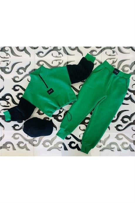 Kız Çocuk Fermuarlı Dik Yaka Sweatshirt Eşofman Takımı Yeşil 10 Yaş