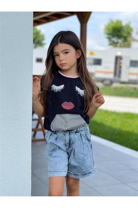 Kız Çocuk File Cep Detaylı Bluz Mom Kot Şort Ikili Takım