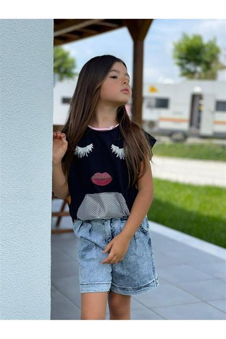 Kız Çocuk File Cep Detaylı Bluz Mom Kot Şort Ikili Takım