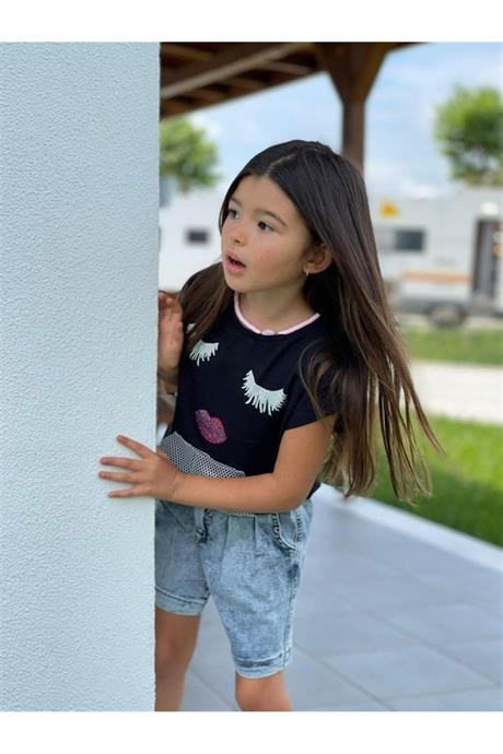 Kız Çocuk File Cep Detaylı Bluz Mom Kot Şort Ikili Takım SİYAH 4 Yaş