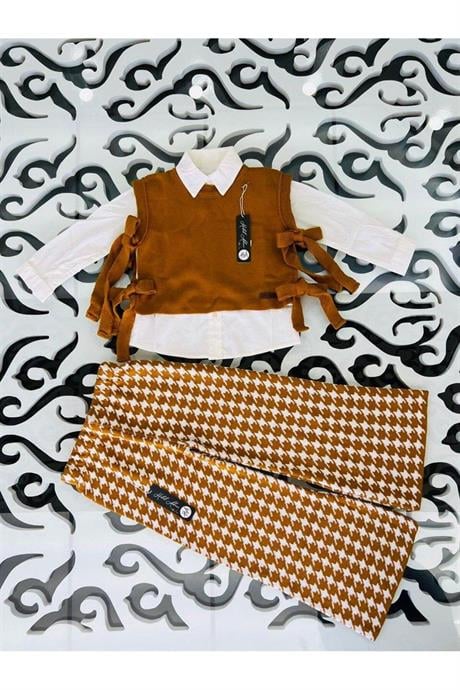 Kız Çocuk Fuşya Triko Süveter Beyaz Gömlek Kazayağı Model Pantolon 3'lü Takım Hardal 6 Yaş