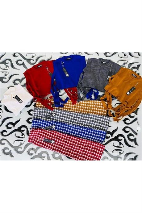 Kız Çocuk Fuşya Triko Süveter Beyaz Gömlek Kazayağı Model Pantolon 3'lü Takım Hardal 4 Yaş