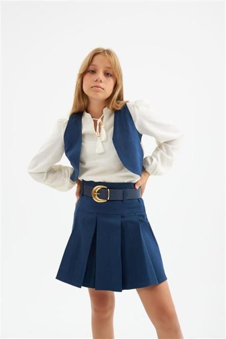 Kız Çocuk Gabardin Yelek İpli Gömlek Pileli Etek ve Gold Tokalı Kemer 4'lü Takım Lacivert 8 Yaş