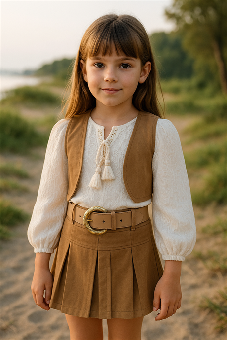 Kız Çocuk Gabardin Yelek İpli Gömlek Pileli Etek ve Gold Tokalı Kemer 4'lü Takım Krem 4 Yaş